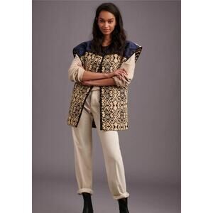 Anthropology Simona Quilted Vest round neck navy & tan colorblock size medium